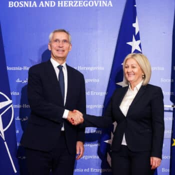 | NATO Secretary General Jens Stoltenberg shakes hands with the President of the Council of Ministers of Bosnia and Herzegovina Borjana Kristo in Sarajevo Nov 20 2023 Armin Durgut | AP | MR Online