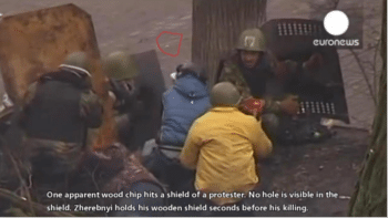 | The verdict confirms the killing of Volodymyr Zherebnyi and the wounding of Volodymyr Venchak on the ground near Zherebnyi from the Hotel Ukraina Screen grab from Video CYouTube | MR Online