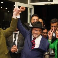 George Galloway holds a rally at his Rochdale Headquarters after being declared winner of the Rochdale by-election, which was triggered after the death of Labour MP Sir Tony Lloyd