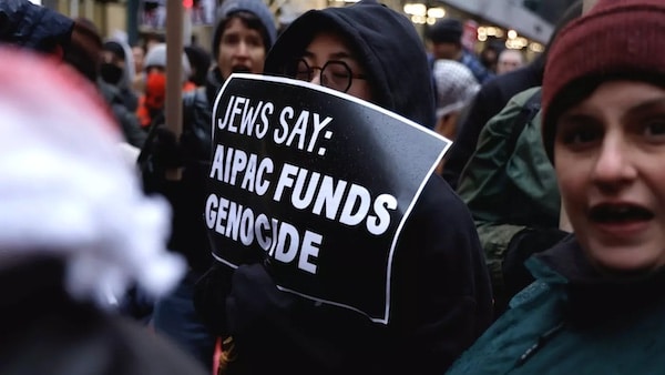MR Online | Protesters demonstrate outside of the New York office of the American Israel Public Affairs Committee Aipac a pro Israel lobby group for its role in influencing US support for Israel during the ongoing assault on Gaza on 22 February 2024 John LamparskiReuters | MR Online