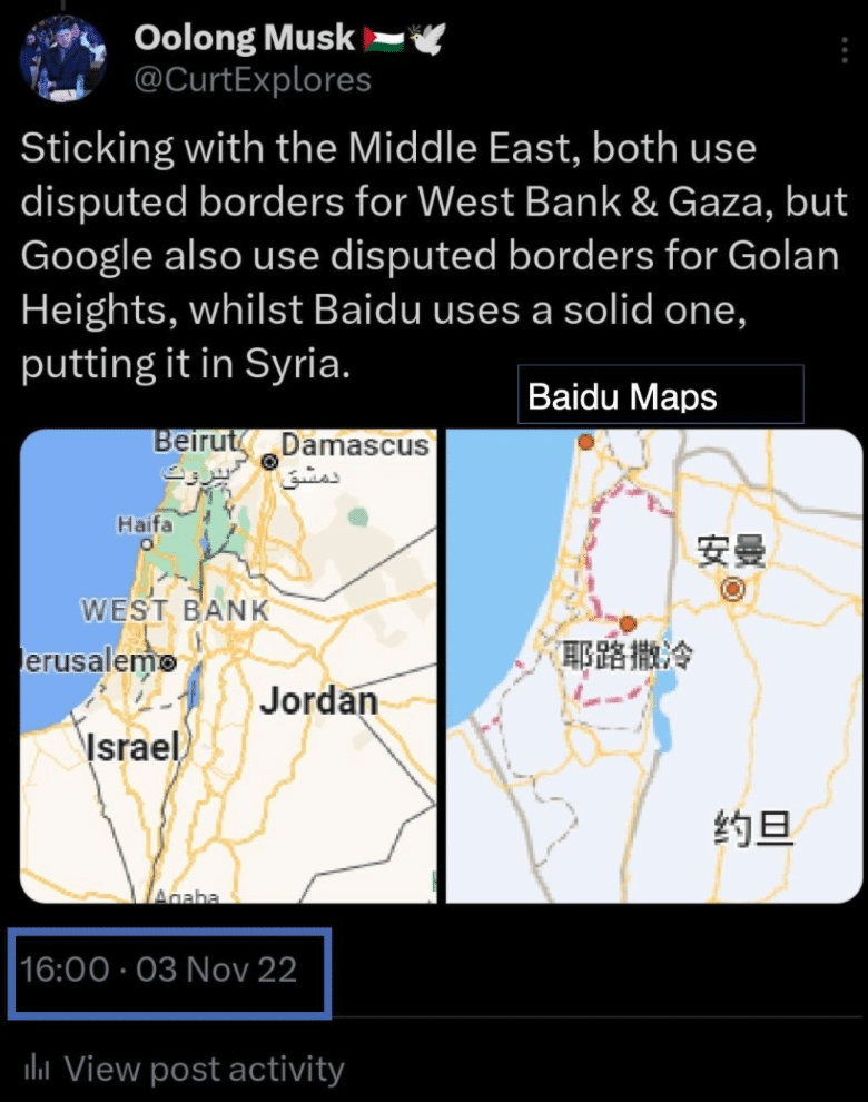 | Side by side comparison of Google and Baidu Maps representations of Palestine and its surroundings | MR Online
