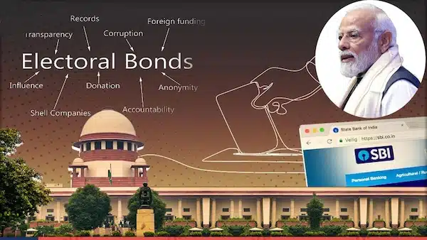MR Online Part 2 | Photo composition showing Indias Prime Minister Narendra Modi upper right over a photo of the Indian Supreme Court a screenshot of the State Bank of India website and a diagram explaining some implications of the electoral bond scandal Photo Metro Vaartha | MR Online