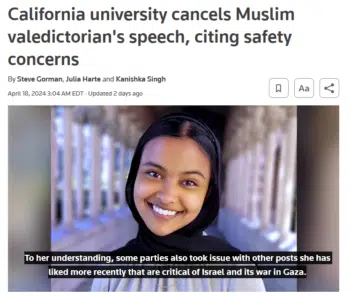 | USC valedictorian Asna Tabassum says the school did not tell her what the security threats were but said that the precautions that would be necessary to allow her to speak were not what the university wants to present as an image | MR Online'” (Reuters, 4/18/24).