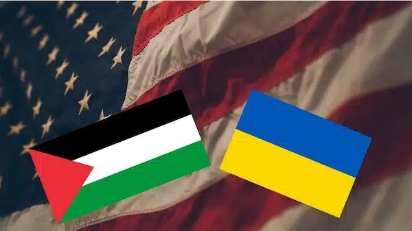 | USA flag Samuel Branch | Unsplash Ukraine and Palestine flags Public domain | Wikipedia | MR Online