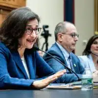 Minouche Shafik, president of Columbia University, throws her faculty under the bus amid McCarthyite attacks and false claims of anti-Semitism by members of Congress, at a hearing of the House Committee on Education and the Workforce at the US Capitol in Washington, DC, 17 April. Michael Brochstein SIPA USA
