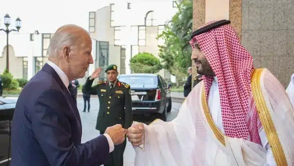| US President Joe Biden fist bumps Saudi Crown Prince Mohammed bin Salman upon arrival for a high stakes visit July 15 2022 | MR Online