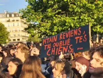| The sign reads | MR Online'Petain come back, you forgot your dogs', referring to Philippe Pétain, who led the collaborationist Vichy regime, from 1940-44. Photo: John Mullen
