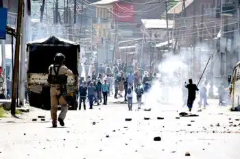 | Indian police in Kashmir Valley confronting protesters in December 2018 Tasnim News Agency Wikimedia Commons CC BY 40 | MR Online