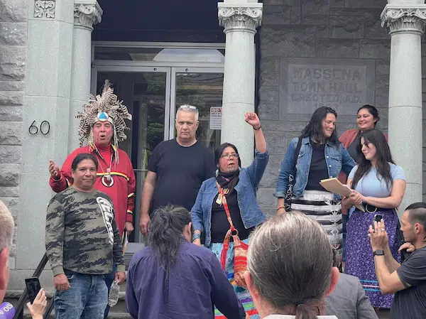| Some of the members of the Akwesasne 8 along with Indigenous supporters from outside of the community Photo by Akwesasne community member Demetri Lafrance | MR Online