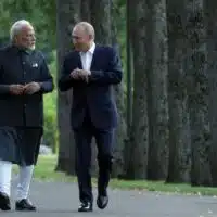 President Vladimir Putin (R) and Prime Minister Narendra Modi (L) took a walk in the woods at the presidential estate in Novo-Ogaryovo, Moscow Region, July 8, 2024