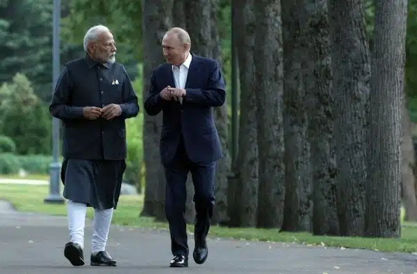 MR Online | President Vladimir Putin R and Prime Minister Narendra Modi L took a walk in the woods at the presidential estate in Novo Ogaryovo Moscow Region July 8 2024 | MR Online