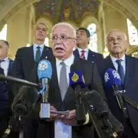 Palestinian foreign policy advisor Riad Malki speaks to media at the International Court of Justice, or World Court, in The Hague, Netherlands, Friday, July 19, 2024. The top U.N. court said Friday that Israel’s presence in the Palestinian occupied territories is “unlawful” and called on it to end and for settlement construction to stop immediately, issuing an unprecedented, sweeping condemnation of Israel’s rule over the lands it captured 57 years ago.