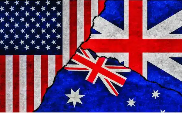 | USA Britain and Australia painted flags on wall with crack United States of America United Kingdom and Australia relations | MR Online