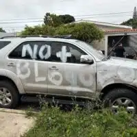 SUV painted with a caption that reads "No + Bloqueo [no more blockade]" presented by far-right politician María Corina Machado as evidence of an alleged "attempt against her," in Barquisimeto, Lara state, on Thursday, July 18, 2024. Photo: Vente Venezuela.