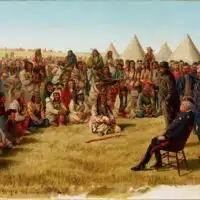 “The Surrender of Poundmaker to Major-General Middleton at Battleford, Saskatchewan, on May 26, 1885.” Painting by Robert William Rutherford. Library and Archives Canada, Acc. No. 1991-274-2.