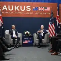 US President Joe Biden (right) meets with Australian Prime Minister Anthony Albanese (left) during the AUKUS summit at Naval Base Point Loma in San Diego California on 13 March 2023. Image: RNZ Pacific/Jim Watson/AFP