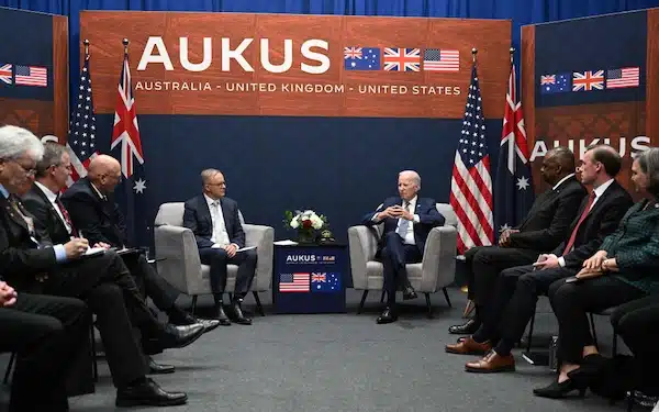 | US President Joe Biden right meets with Australian Prime Minister Anthony Albanese left during the AUKUS summit at Naval Base Point Loma in San Diego California on 13 March 2023 Image RNZ PacificJim WatsonAFP | MR Online