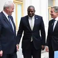 UK Foreign Secretary David Lammy (center) and US Secretary of State Antony Blinken (right) are welcomed by Ukrainian Foreign Affairs Minister Andrii Sybiha (left) for a meeting in Kiev, Ukraine on Wednesday, September 11, 2024. [AP Photo/Leon Neal]