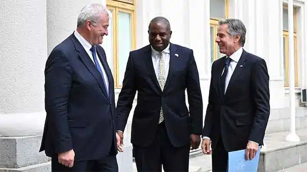 | UK Foreign Secretary David Lammy center and US Secretary of State Antony Blinken right are welcomed by Ukrainian Foreign Affairs Minister Andrii Sybiha left for a meeting in Kiev Ukraine on Wednesday September 11 2024 AP PhotoLeon Neal | MR Online