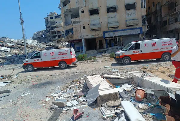 | The Palestine Red Crescent Society PRCS has evacuated its temporary administrative headquarters in the southern Gaza Strip due to Israeli attacks on the area Photo via PRCS TW Page | MR Online