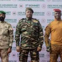 Mali’s Assimi Goïta, Niger’s General Abdourahamane Tchiani, and Burkina Faso’s Captain Ibrahim Traoré at the first summit of heads of state and governments of the Alliance of Sahel States (AES) in Niamey, Niger, July 6, 2024. Photo courtesy Agenzia Nova.