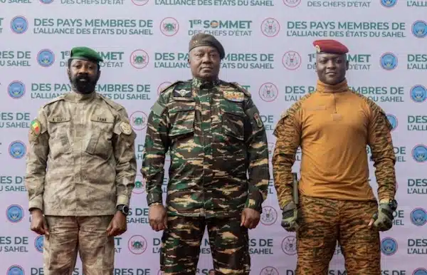 MR Online | Malis Assimi Goïta Nigers General Abdourahamane Tchiani and Burkina Fasos Captain Ibrahim Traoré at the first summit of heads of state and governments of the Alliance of Sahel States AES in Niamey Niger July 6 2024 Photo courtesy Agenzia Nova | MR Online