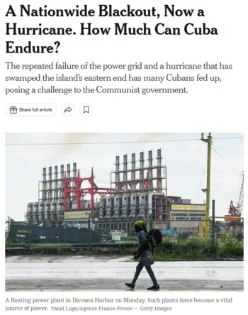 | The New York Times 102124 presented the idea that the US is punishing Cubas economy as a Communist allegation The Cuban government blames the power crisis on the US trade embargo and sanctions that were ramped up by the Trump administration | MR Online