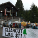 Climate activists protesting forest biomass outside a conference at the World Forestry Center in Portland, Oregon last month. (WNV/Nick Englefried)